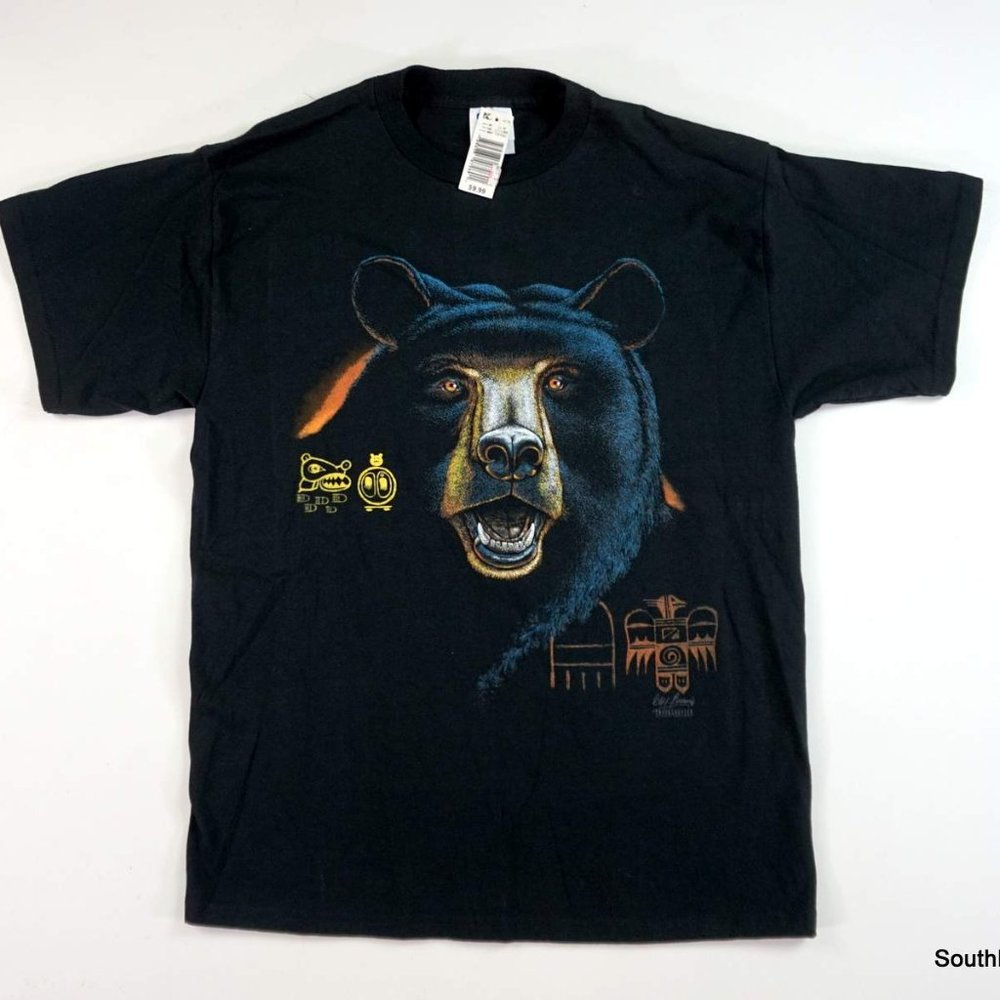 Vintage Deadstock TNT TRAU & LOEVNER Bear Graphic Print Aztec T-Shirt Large NEW